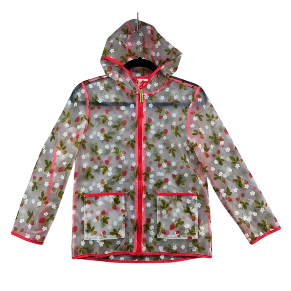 Cat & Jack Raincoat Girls Size M 8 Kids Clear Strawberry Floral Hooded Jacket